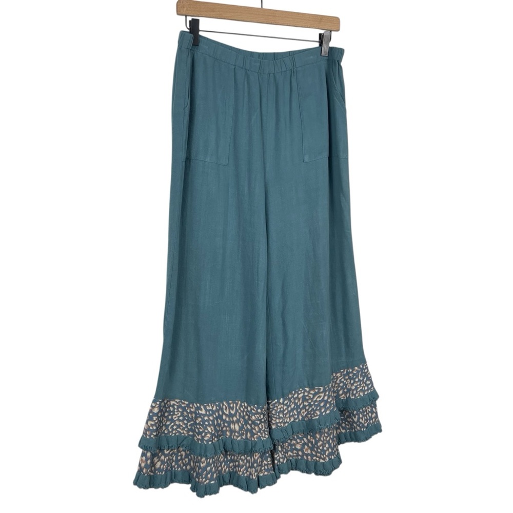Umgee Wide Leg Pants Ruffle Hem Linen Cotton Teal Size Medium - Picture 5 of 9
